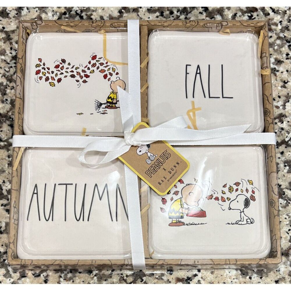 New Peanuts Snoopy Rae Dunn by Magenta‎ Ceramic Coaster Set Of 4 Fall Autumn